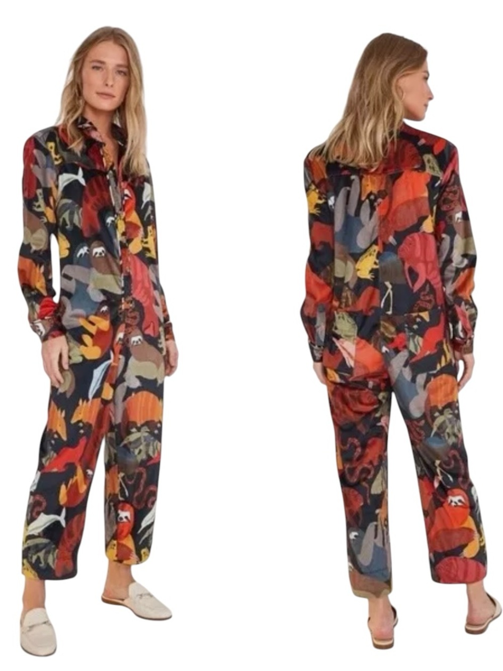 FARM Rio Amazonian Animals Velour Jumpsuit Long Sleeve Size Small Anthropologie